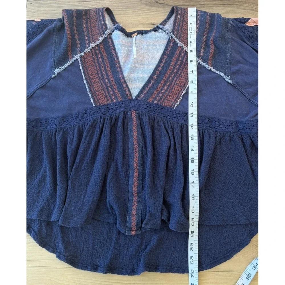 Free People XS Boho Peplum Top Navy Patchwork Crochet Tie Sleeve Babydoll